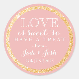 Pink Faux Gold Glitter Love is Sweet Wedding Favor Classic Round Sticker