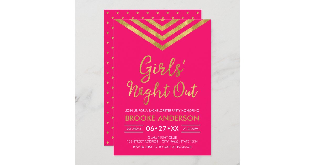 Pink Faux Gold Modern Chevron Girls' Night Out Invitation | Zazzle