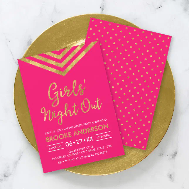 Pink Faux Gold Modern Chevron Girls' Night Out Invitation | Zazzle