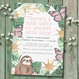 Pink Faux Gold Sloth & Butterfly Girl Baby Shower Invitation