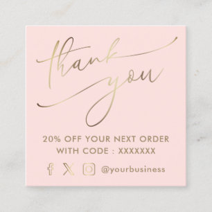 pink faux gold thank you script square business card