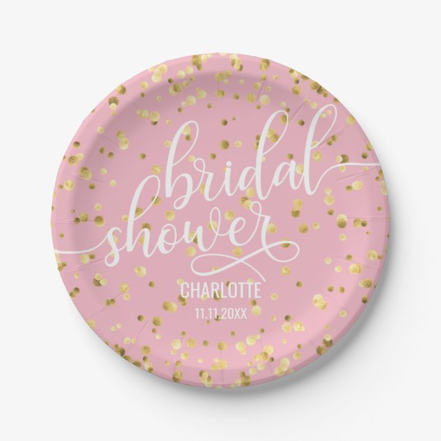 Pink Faux Gold White BRIDAL SHOWER Paper Paper Plates (Front)