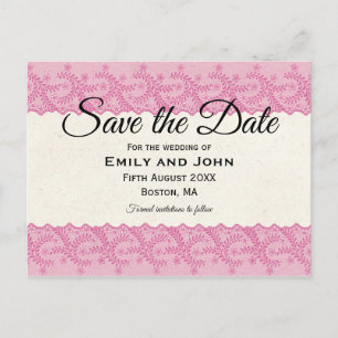 Pink Faux Lace/Cream Parchment Save The Date Announcement Postcard