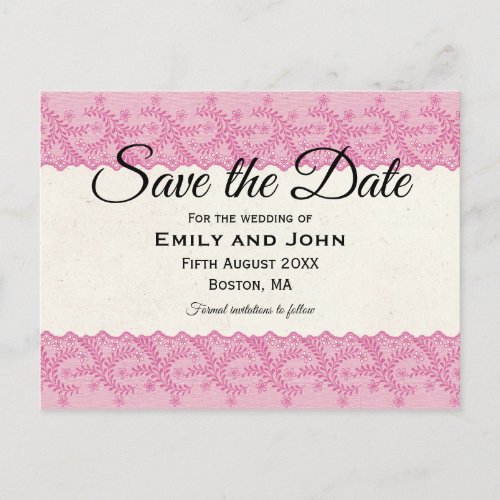 Pink Faux LaceCream Parchment Save The Date Announcement Postcard