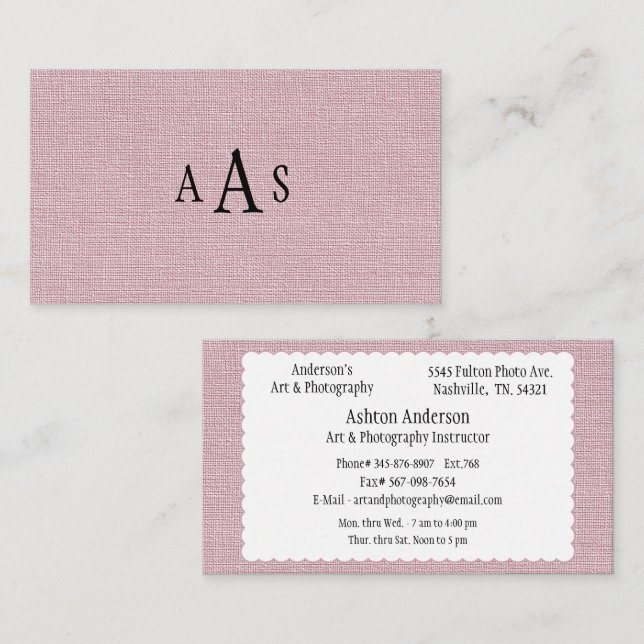 Pink Faux Linen Elegant Monogram Business Card (Front/Back)