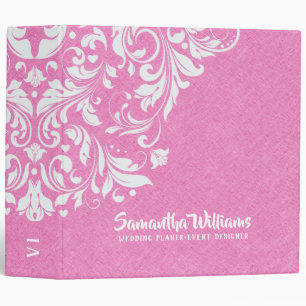 Pink Faux Linen Texture & White Floral Swirls Binder