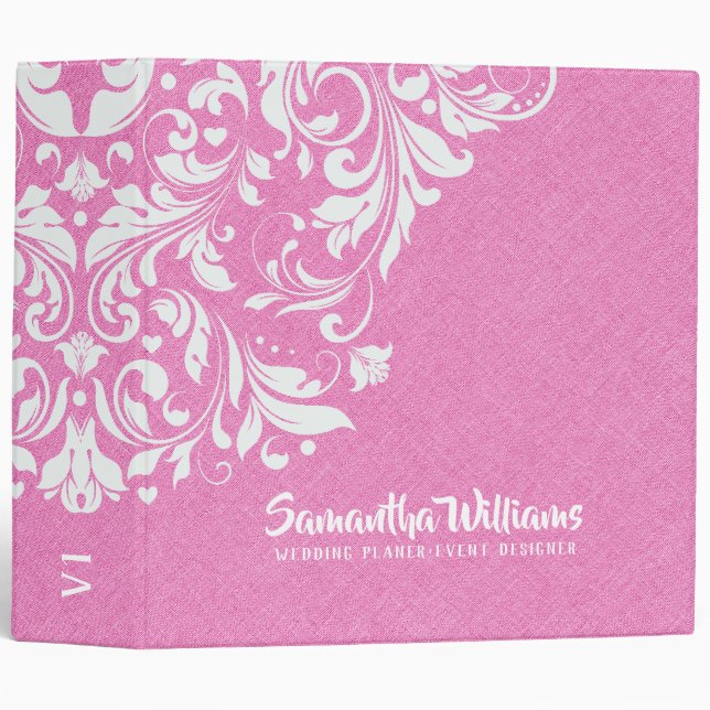 Pink Faux Linen Texture & White Floral Swirls Binder (Front/Spine)