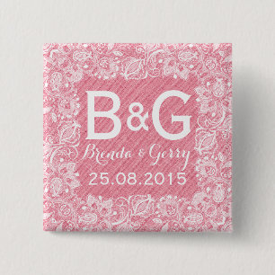 Pink Faux Linen & White Floral Lace Frame 2 Button