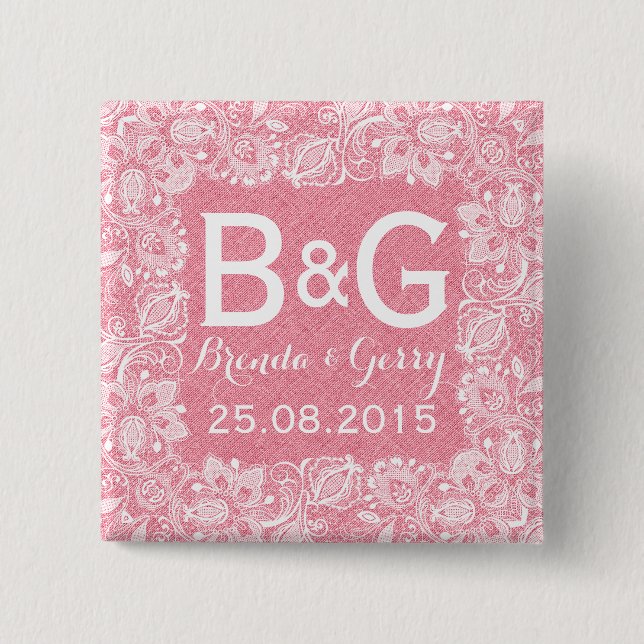 Pink Faux Linen & White Floral Lace Frame 2 Button (Front)