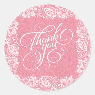 Pink Faux Linen & White Floral Lace Frame Classic Round Sticker