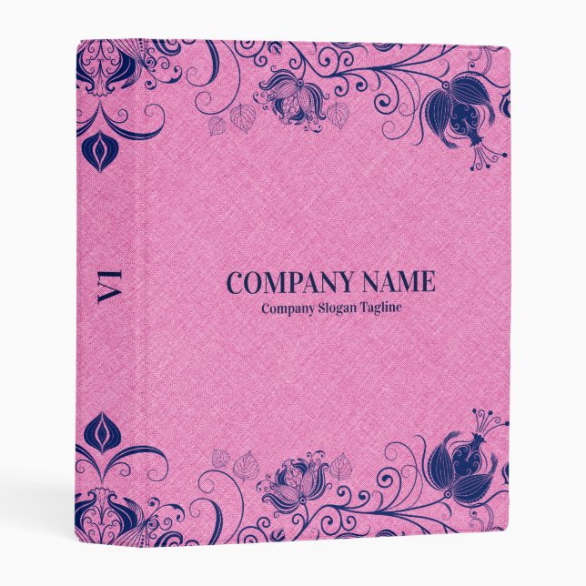 Pink Faux Linen With Blue Floral Lace Mini Binder (Front/Spine)