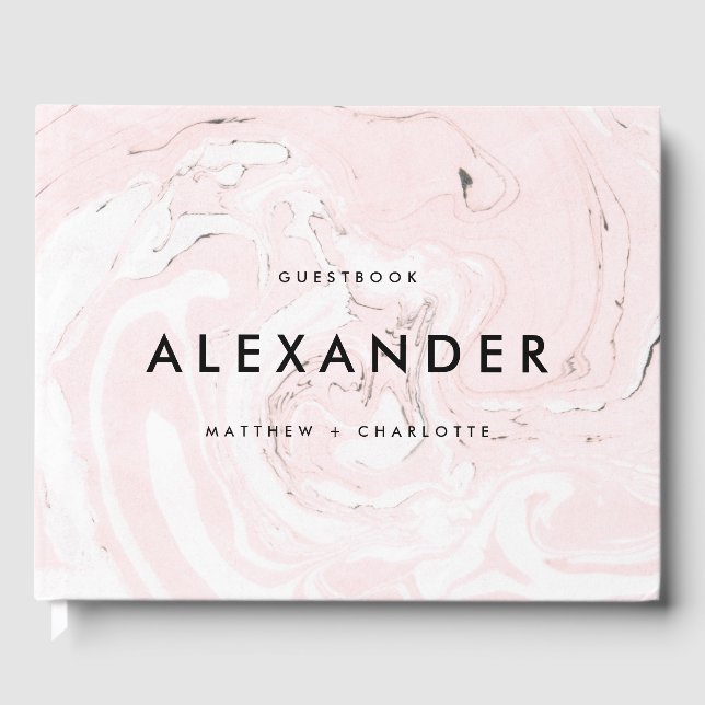 PInk Faux Marble Modern Wedding Guestbook (Front)