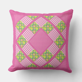 Pink Faux Patchwork, Primroses, Polkas and Gingham Throw Pillow