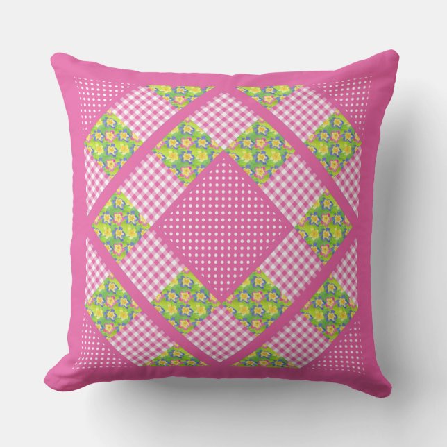 Pink Faux Patchwork, Primroses, Polkas and Gingham Throw Pillow (Front)