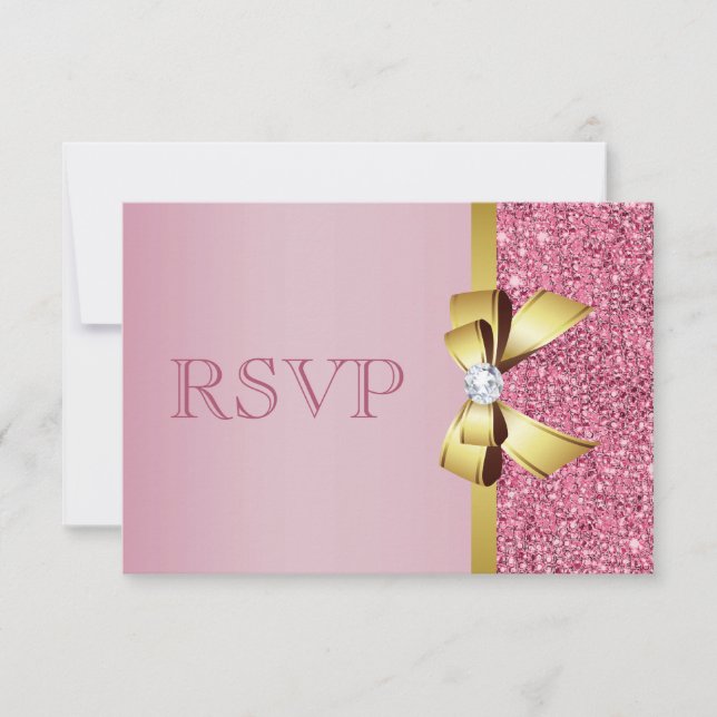 Pink Faux Sequins Gold Bow & Diamond RSVP Card (Front)
