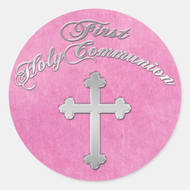 Pink, Faux Silver Cross 1st Holy Communion Sticker (Front)