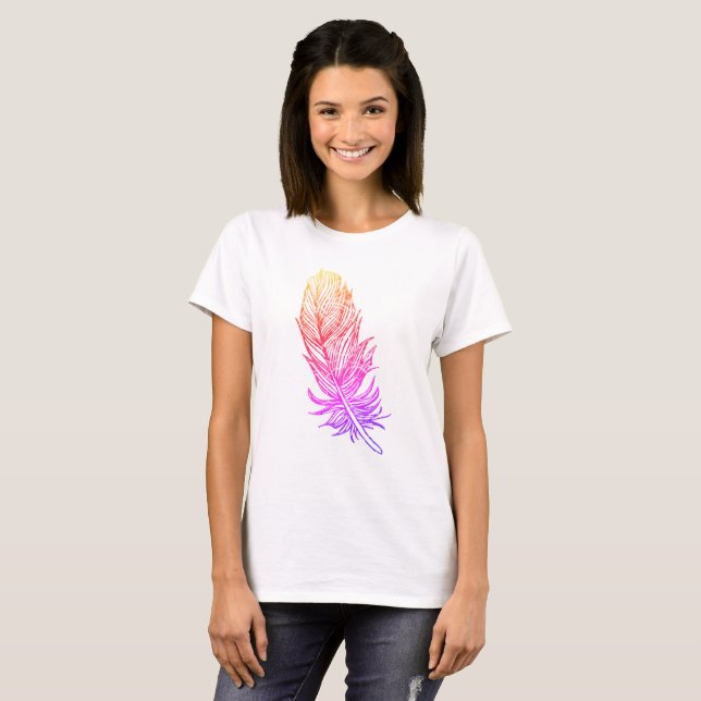 Pink Feather Art Basic T-Shirt, White T-Shirt (Front Full)