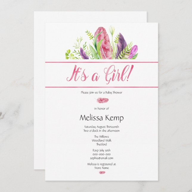 Pink Feather Boho Baby Shower Invitation (Front/Back)