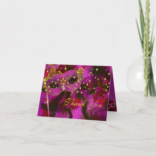 Pink Feather Mask Masquerade Party Thank You Card (Front)