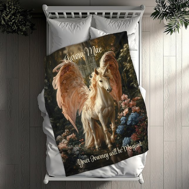 Pink Feathered Unicorn Pegasus Woodland Magic Fleece Blanket (Creator Uploaded)