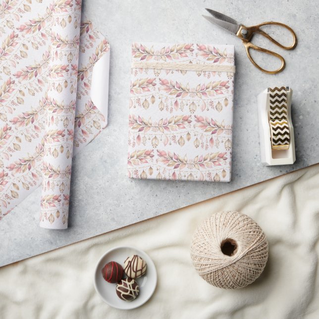 Pink Feathers and Leaves Wrapping Paper (Crafts)