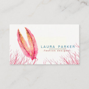 Pink Feathers Watercolor Boho Girly Chic Business Card