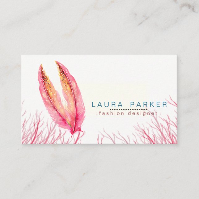 Pink Feathers Watercolor Boho Girly Chic Business Card (Front)