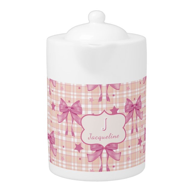 Pink Feminine Coquette Bows Teapot (Front)