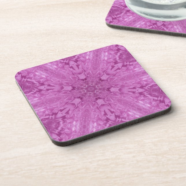 Pink Feminine Lace Kaleidoscope Snowflake Beverage Coaster (Left Side)