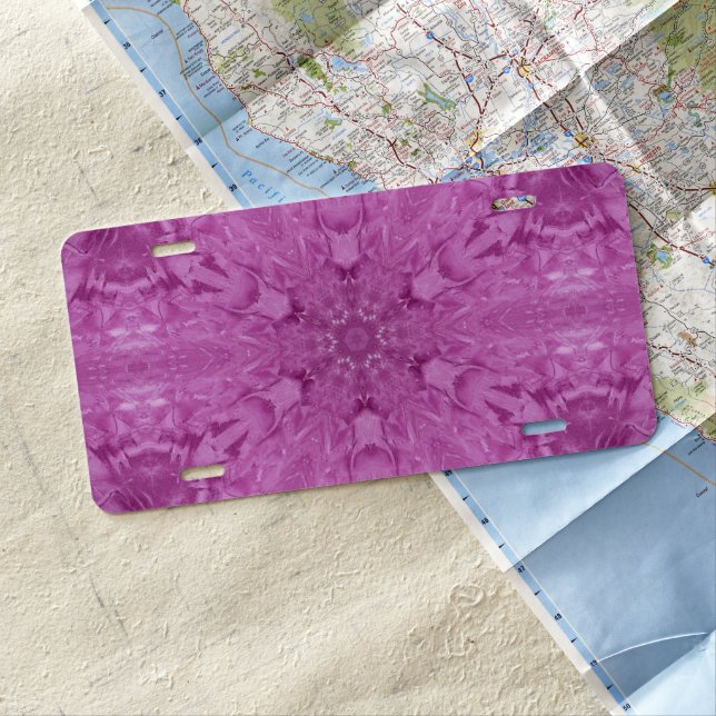Pink Feminine Lace Kaleidoscope Snowflake License Plate (In Situ)