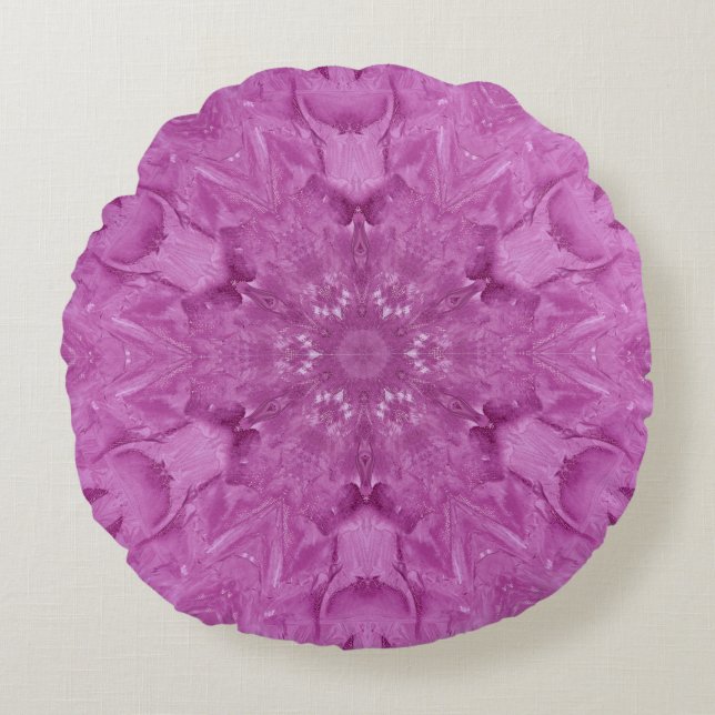 Pink Feminine Lace Kaleidoscope Snowflake Round Pillow (Front)