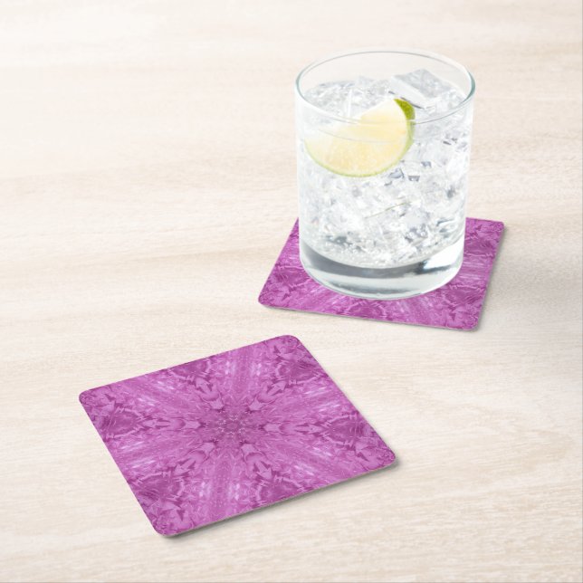 Pink Feminine Lace Kaleidoscope Snowflake Square Paper Coaster (Insitu)