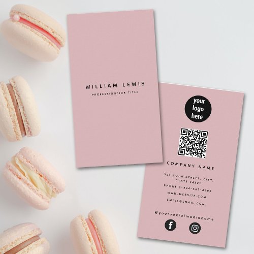 Pink Feminine Minimalist QR Code Social Media Business Card