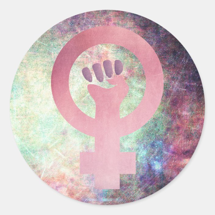 Pink Feminist Symbol On Multi Color Grunge Texture Classic Round Sticker