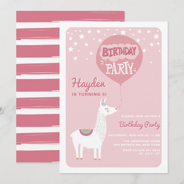 Pink Festive Alpaca Kids Birthday Party Invitation (Front/Back)