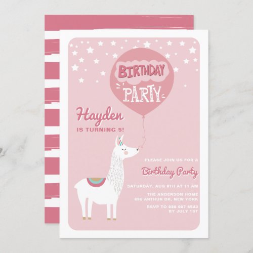 Pink Festive Alpaca Kids Birthday Party Invitation