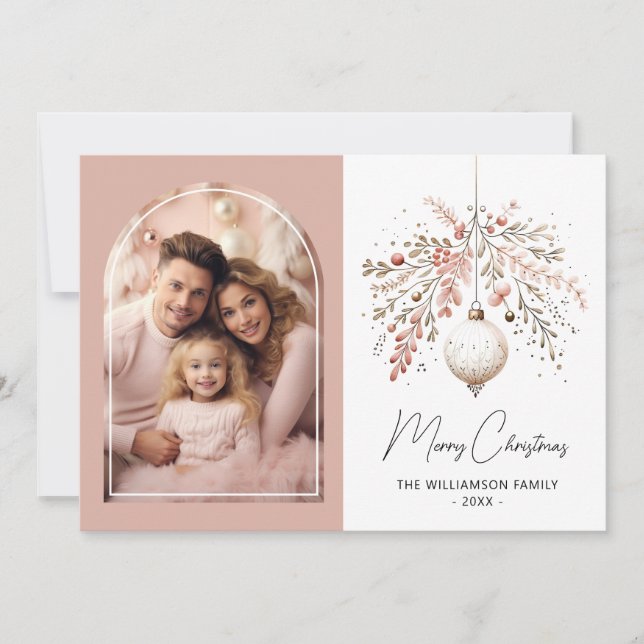 Pink Festive Bauble Arch Frame Family Photo Card (Front)