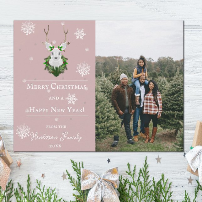 Pink Festive Reindeer Holiday Photo Card (Pink Festive Reindeer Holiday Photo Card)