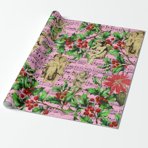 Pink Festive Vintage Angel Cherubs Holly Christmas Wrapping Paper