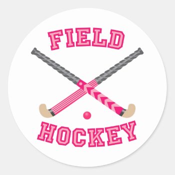 Pink Field Hockey Logo Classic Round Sticker by shopaholicchick at Zazzle