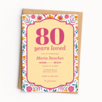Pink Fiesta 80 Years Loved Birthday Party Invitation