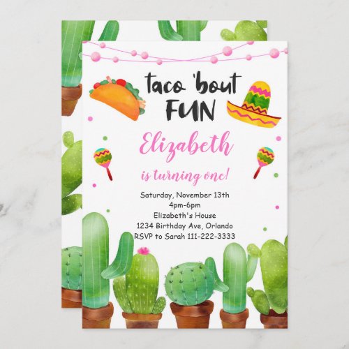 Pink Fiesta Taco Bout Fun Watercolor Cactus Invite