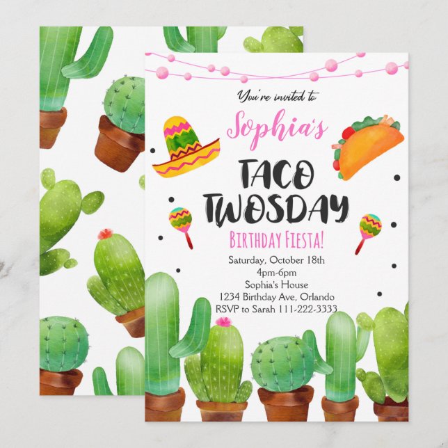 Pink Fiesta Taco Twosday Watercolor Cactus Invite (Front/Back)