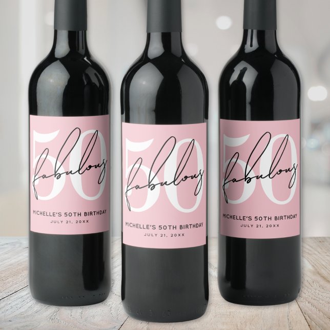 Pink Fifty 50th Birthday Wine Label (Fifty And Fabulous Blush Pink 50th Birthday Wine Label )