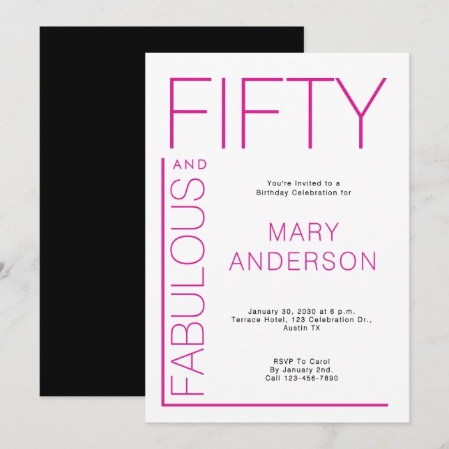 Pink Fifty and Fabulous 50th Birthday Party Invitation (Front/Back)
