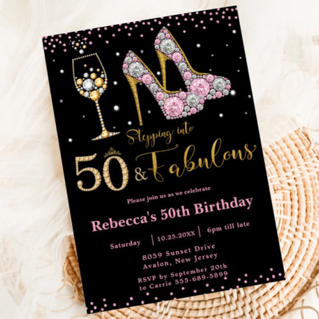 Pink Fifty and Fabulous Heels Bubbly 50th Birthday Invitation (Creator Uploaded)