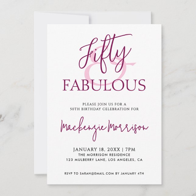 Pink Fifty and Fabulous Script Birthday Party Invitation (Front)