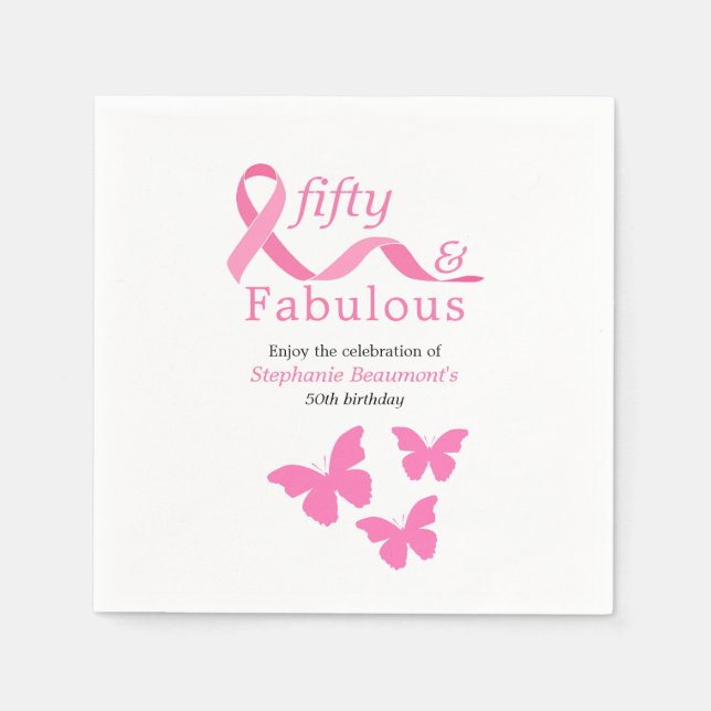 Pink Fifty Fabulous Fighting Cancer 50th Birthday Napkins (Front)