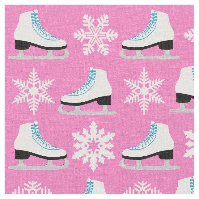 Pink Figure Skates and Snowflakes Christmas Fabric (Close Up)