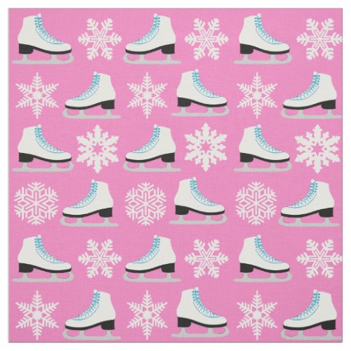 Pink Figure Skates and Snowflakes Christmas Fabric